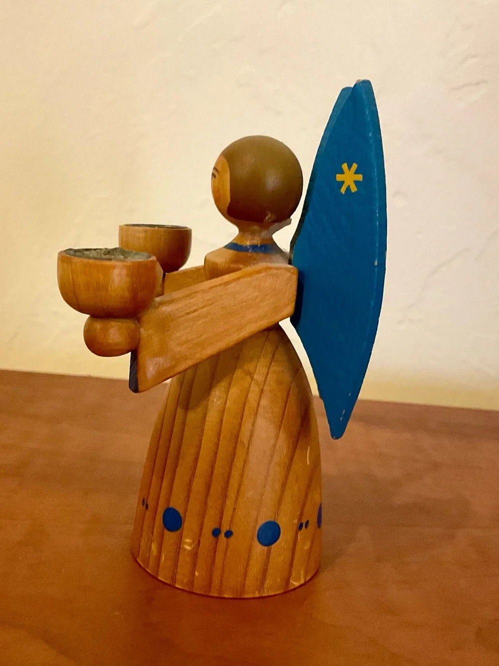 Wooden Erzgebirge Expertic Angel Candle Holder Blue Stars on Wings GDR